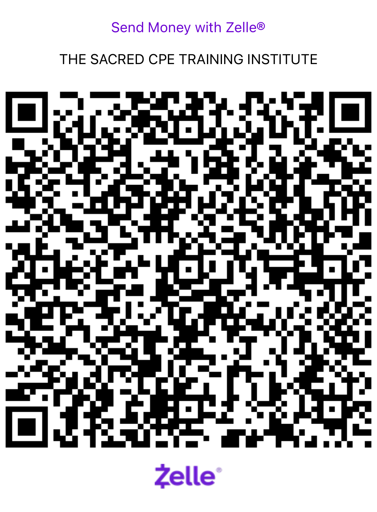 Zelle QR code for The Sacred CPE Training Institute application fee